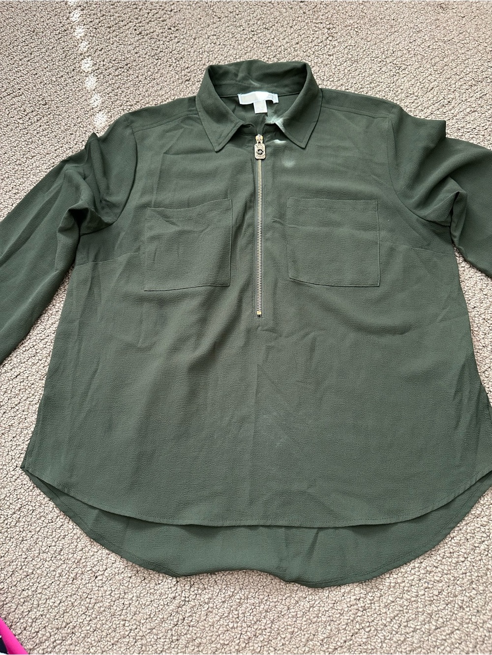 Michael Kors Olive Green Long Sleeve Zip Front Shirt